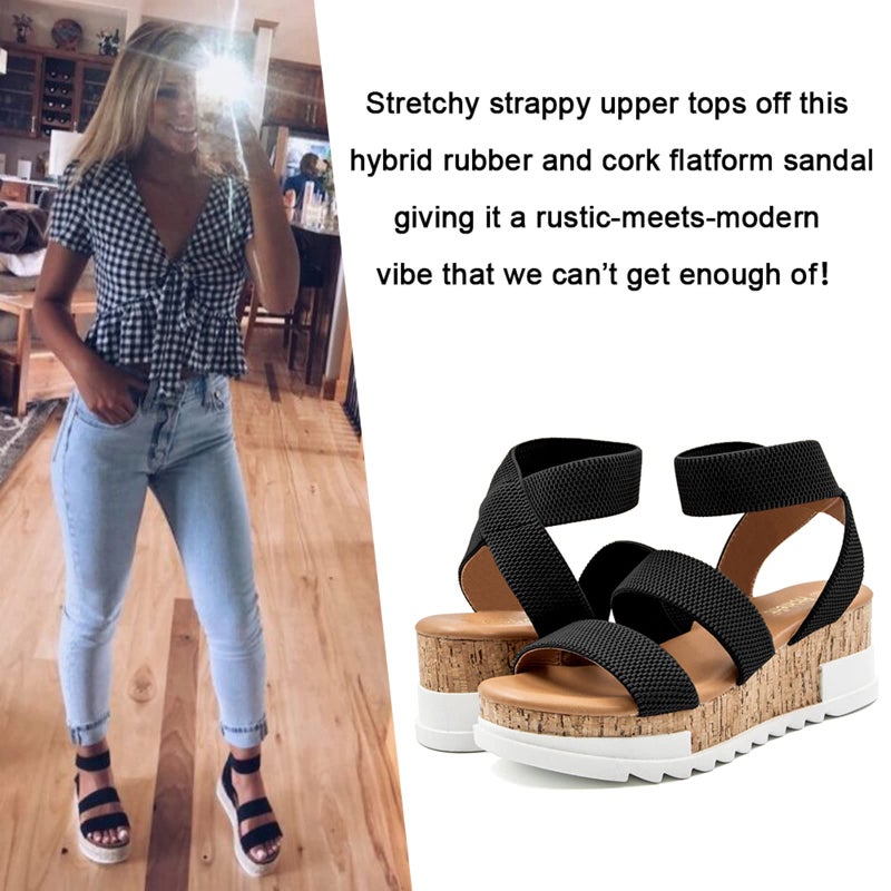 Athlefit Women's Casual Cork Platform Wedge Sandals Open Toe Elastic Ankle Strap Flatform Sandals for Summer, Black, Size 11, AD00102 - Image 2